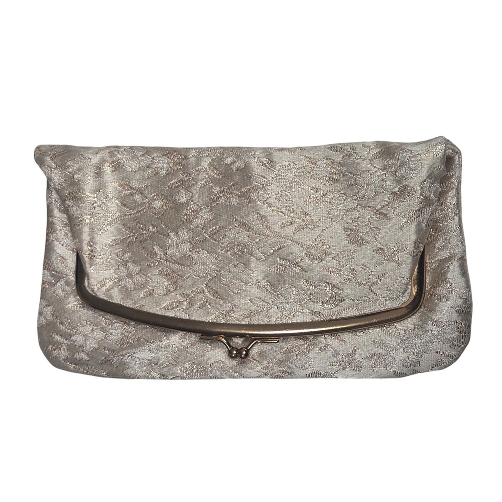 Budd Leather Creation Vintage Floral Brocade Kiss Lock Clutch Bag Champagne Gold
